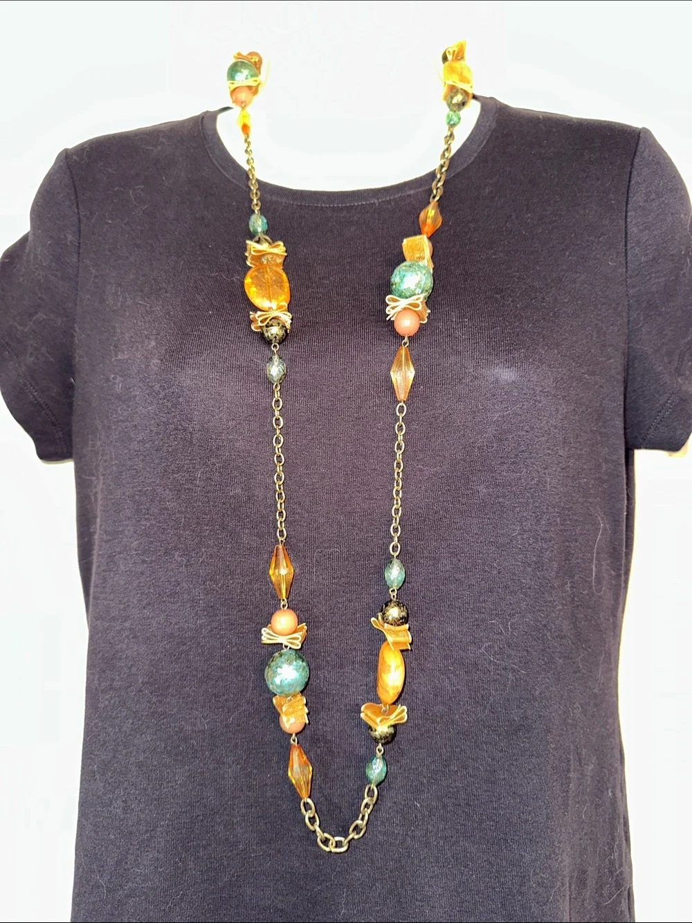 Boho Long Beaded Statement Mixed Media Necklace -Green, Gold & Turquoise